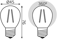 led лампа Gauss Filament Elementary G45 Е27 10 Вт - размеры