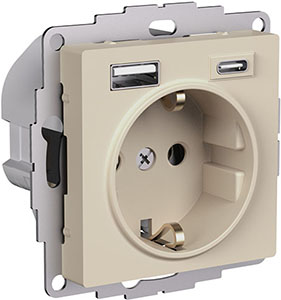 розетка 1-местная Systeme Electric AtlasDesign (16 А, USB тип А + USB тип C), з/к, шторки, песочный - внешний вид