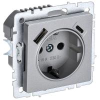 BRITE Роз. с з/к/ш 16А с USB A+C 18Вт РЮш11-1-БрА алюм. IEK