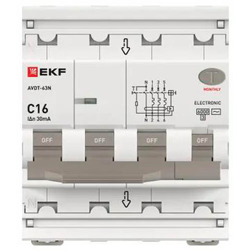 Дифавтомат 4Р 16А C тип AC 30мА 6кА 4мод АВДТ-63N EKF PROxima