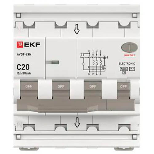 Дифавтомат 4Р 20А C тип AC 30мА 6кА 4мод АВДТ-63N EKF PROxima