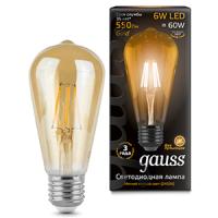 Лампа свд Е27 6Вт 2400К 550лм стандарт ST64 золотистая филамент  Gauss