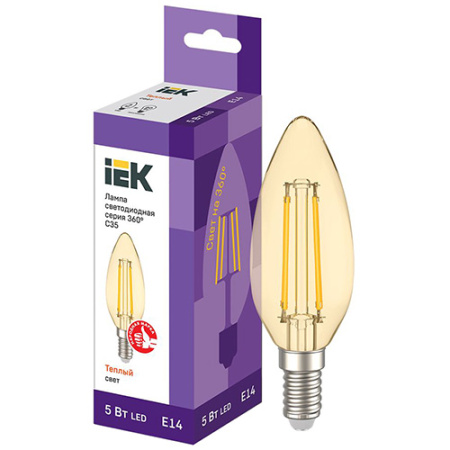 купить Лампа свеча свд Е14 5Вт 2700К 600лм С35 прозрачная золото филамент IEK  в Самаре Лампа свеча свд Е14 5Вт 2700К 600лм С35 прозрачная золото филамент IEK