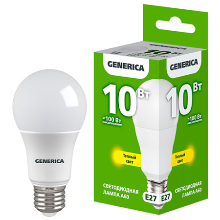 купить Лампа светодиодная 220В Е27 10Вт 3000К 1000лм стандарт A60 матовая GENERICA (IEK)  в Самаре Лампа светодиодная 220В Е27 10Вт 3000К 1000лм стандарт A60 матовая GENERICA (IEK)