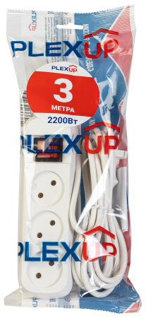 купить Удлинитель 3-мест 3м ПВС 2*0,75 белый выкл PlexUp   в Самаре Удлинитель 3-мест 3м ПВС 2*0,75 белый выкл PlexUp