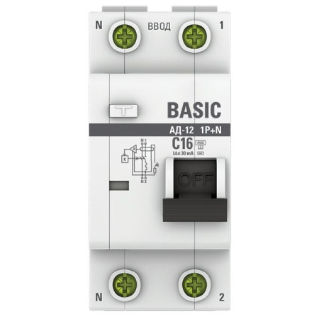 Дифавтомат 2Р 16А C 30мА 4,5кА АД12 2мод EKF Basic