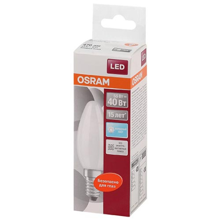 купить Лампа свд 220В E14 5Вт 4000К 470лм свеча B35 матовая Osram в Самаре Лампа свд 220В E14 5Вт 4000К 470лм свеча B35 матовая Osram
