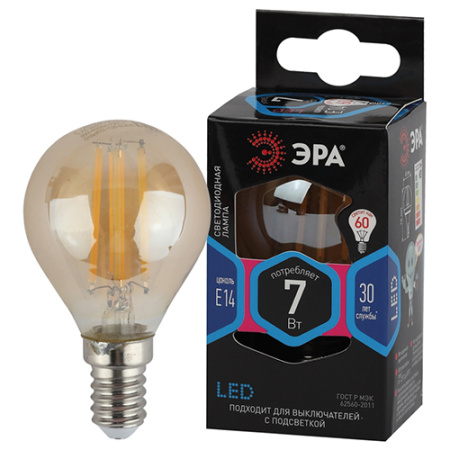 купить Лампа шар свд Е14 7Вт 4000К 655лм P45 золотистый филамент ЭРА  в Самаре Лампа шар свд Е14 7Вт 4000К 655лм P45 золотистый филамент ЭРА