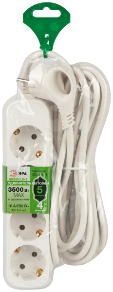 Удлинитель 4-мест 5м ПВС 3*1 белый ЭРА  Greenline