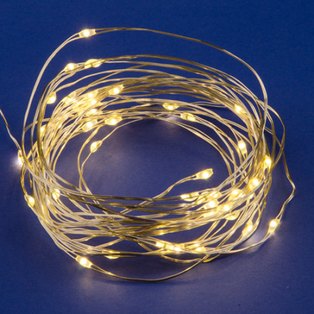 купить Гирлянда нить 5м теплый белый 50свд IP20 серебро провод роса на батарейках в Самаре Гирлянда нить 5м теплый белый 50свд IP20 серебро провод роса на батарейках