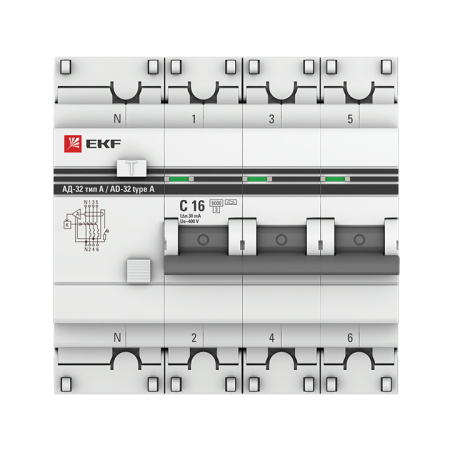 Дифавтомат 4Р 16А C тип A 30мА 6кА АД32 4мод EKF