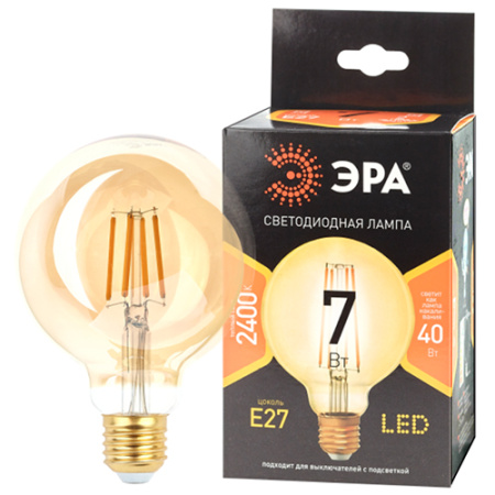 Лампа светодиодная 220В Е27 7Вт 2400К 740лм стандарт G95 золотистая филамент ЭРА 