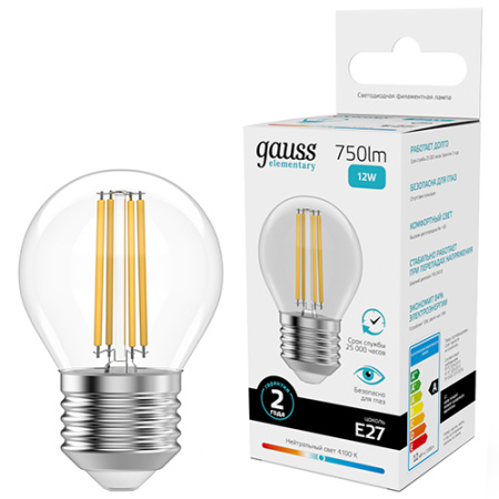 купить Лампа шар свд Е27 12Вт 4100К 750лм G45 прозрачный филамент Gauss  в Самаре Лампа шар свд Е27 12Вт 4100К 750лм G45 прозрачный филамент Gauss