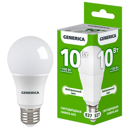 купить Лампа светодиодная 220В Е27 10Вт 4000К 1000лм стандарт A60 матовая GENERICA (IEK)  в Самаре Лампа светодиодная 220В Е27 10Вт 4000К 1000лм стандарт A60 матовая GENERICA (IEK)