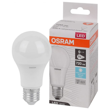 купить Лампа светодиодная 220В Е27 9Вт 4000К 720лм стандарт A60 матовая Osram LED Base в Самаре Лампа светодиодная 220В Е27 9Вт 4000К 720лм стандарт A60 матовая Osram LED Base