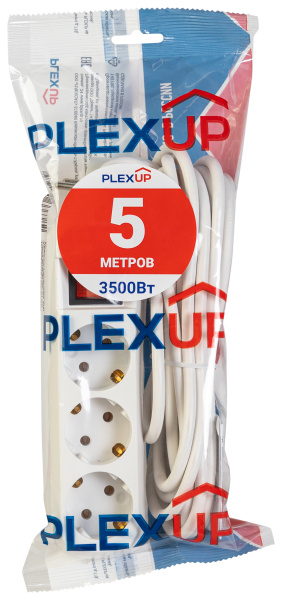 купить Удлинитель 3-мест 5м ПВС 3*1 белый выкл PlexUp   в Самаре Удлинитель 3-мест 5м ПВС 3*1 белый выкл PlexUp
