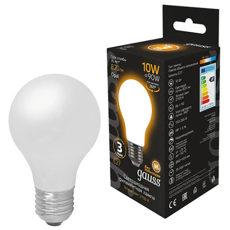 купить Лампа светодиодная 220В Е27 10Вт 2700К 820лм стандарт A60 матовая филамент Gauss  в Самаре Лампа светодиодная 220В Е27 10Вт 2700К 820лм стандарт A60 матовая филамент Gauss
