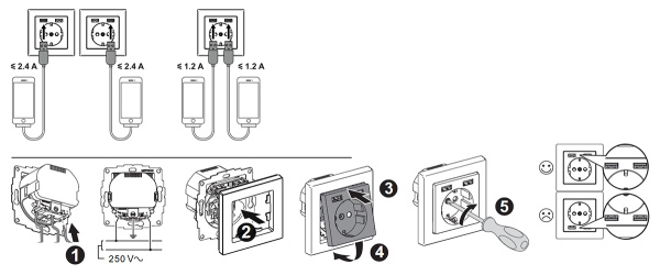 AtlasDesign карбон розетка со встроенным USB скрытая 1-мест заземление шторки IP20 USB A+A, 5В/2,4А, 2х5В/1,2А