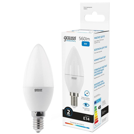купить Лампа свеча свд Е14 8Вт 6500К 560лм С37 матовая Gauss  в Самаре Лампа свеча свд Е14 8Вт 6500К 560лм С37 матовая Gauss