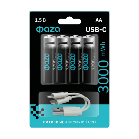 купить Аккумулятор AA(пальчик) 3000mAh 1,5В BL4 ФАZA зарядка USB Type-C шнур в комплекте в Самаре Аккумулятор AA(пальчик) 3000mAh 1,5В BL4 ФАZA зарядка USB Type-C шнур в комплекте
