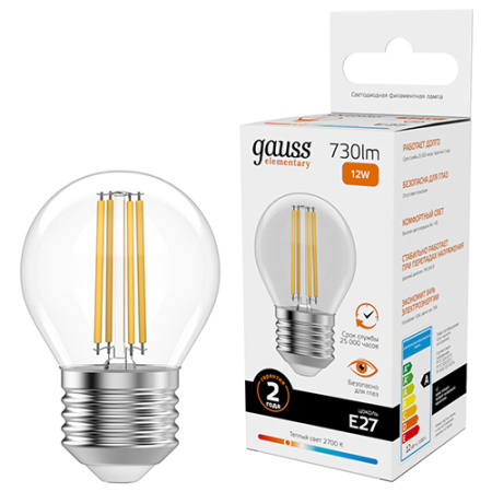 купить Лампа шар свд Е27 12Вт 2700К 730лм G45 прозрачный филамент Gauss  в Самаре Лампа шар свд Е27 12Вт 2700К 730лм G45 прозрачный филамент Gauss
