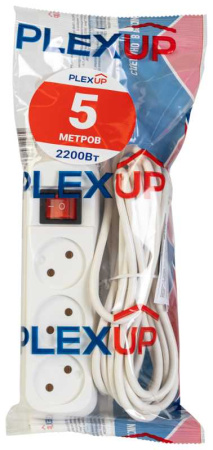 купить Удлинитель 3-мест 5м ПВС 2*0,75 белый выкл PlexUp   в Самаре Удлинитель 3-мест 5м ПВС 2*0,75 белый выкл PlexUp