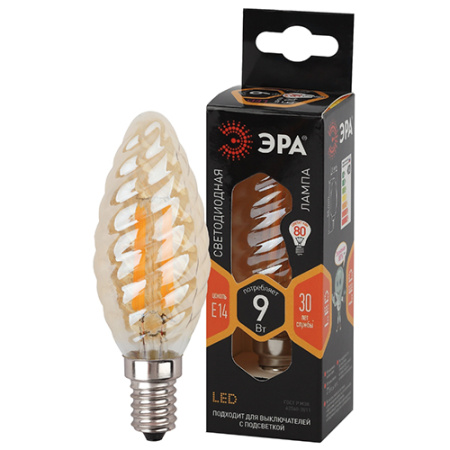 Лампа свеча витая свд Е14 9Вт 2700К 770лм BTW прозрачная золото филамент  