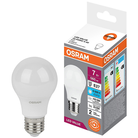 купить Лампа светодиодная 220В Е27 7Вт 6500К 560лм стандарт A60 матовая Osram LED Value  в Самаре Лампа светодиодная 220В Е27 7Вт 6500К 560лм стандарт A60 матовая Osram LED Value