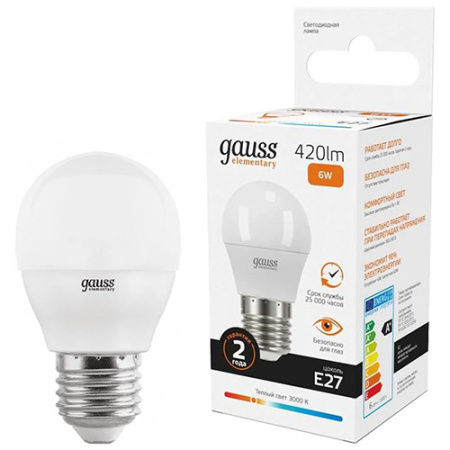 купить Лампа шар свд Е27 6Вт 3000К 420лм G45 матовый Gauss  в Самаре Лампа шар свд Е27 6Вт 3000К 420лм G45 матовый Gauss